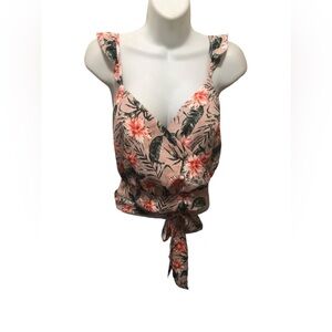 Express VTG Y2K Hawaiian Print Wrap Style Crop Top M Smock Back Floral Ruffles